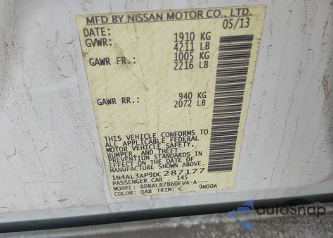 2013 Nissan Altima 2.5 S из США, поврежденный, VIN 1N4AL3AP9DC287177